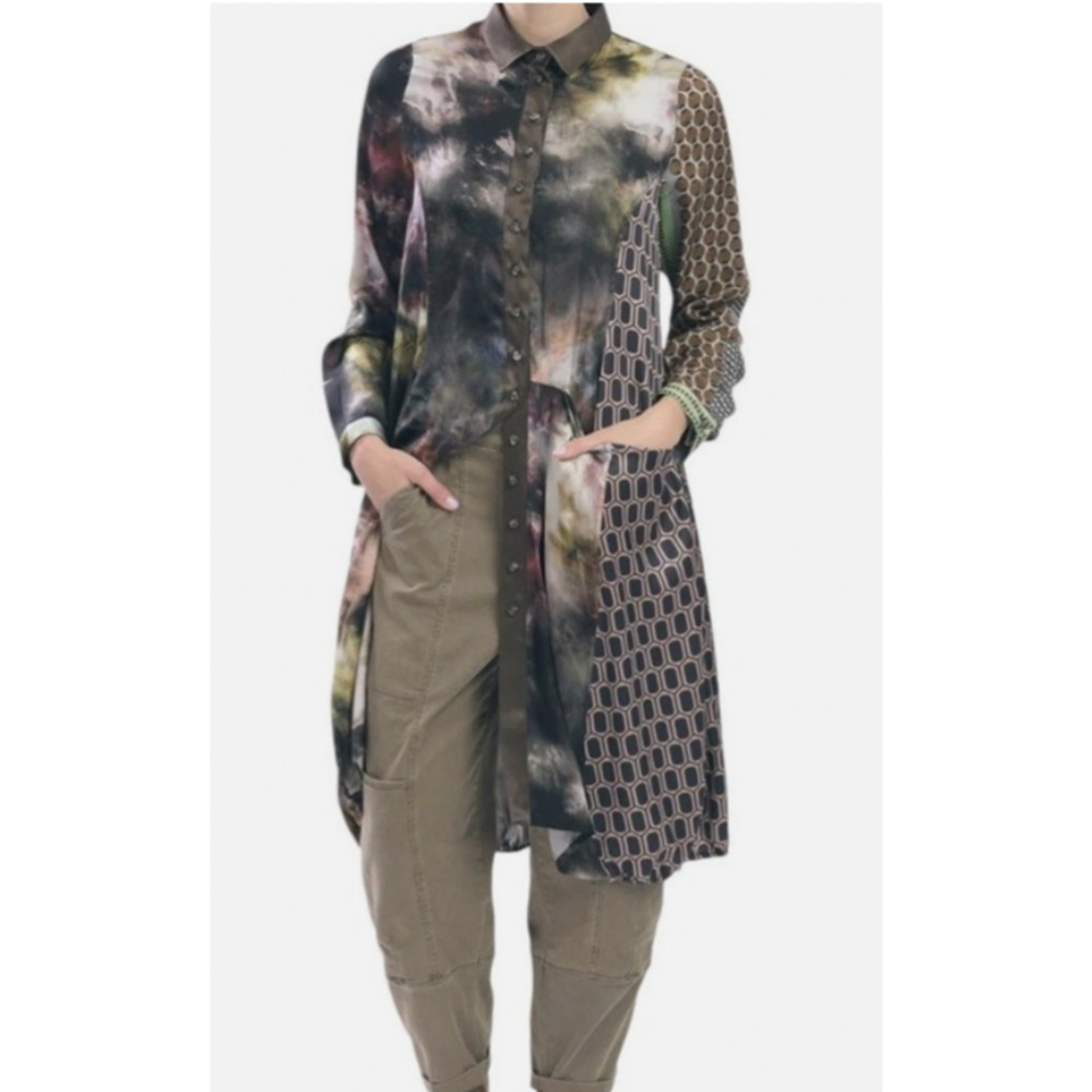 Mixed-Print Olive and Multi Midi Shirt Dress
